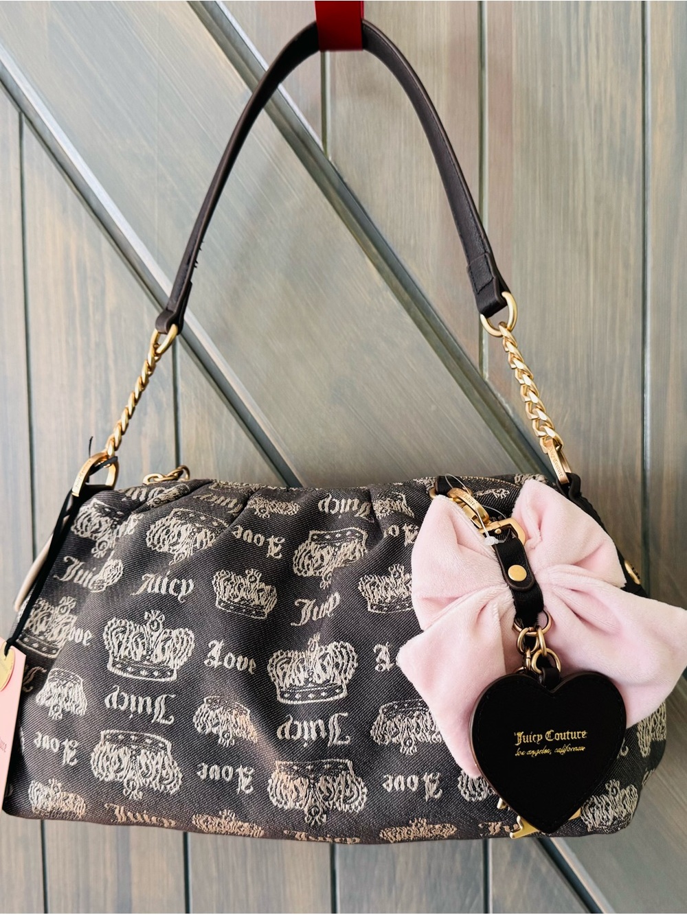 NWT Juicy Couture Black Logo Shoulder Bag with Pink Bow Charm ✨Retail💲79